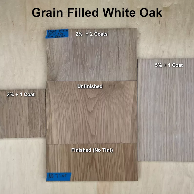 Samples of the natural wood look using grain filled white oak