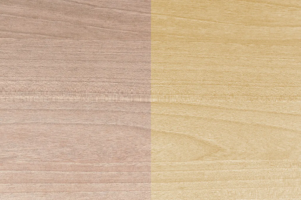 A Wood Sample Finished with (Left) Water-Based Polycarbonate Urethane and (Right) Polyester Urethane